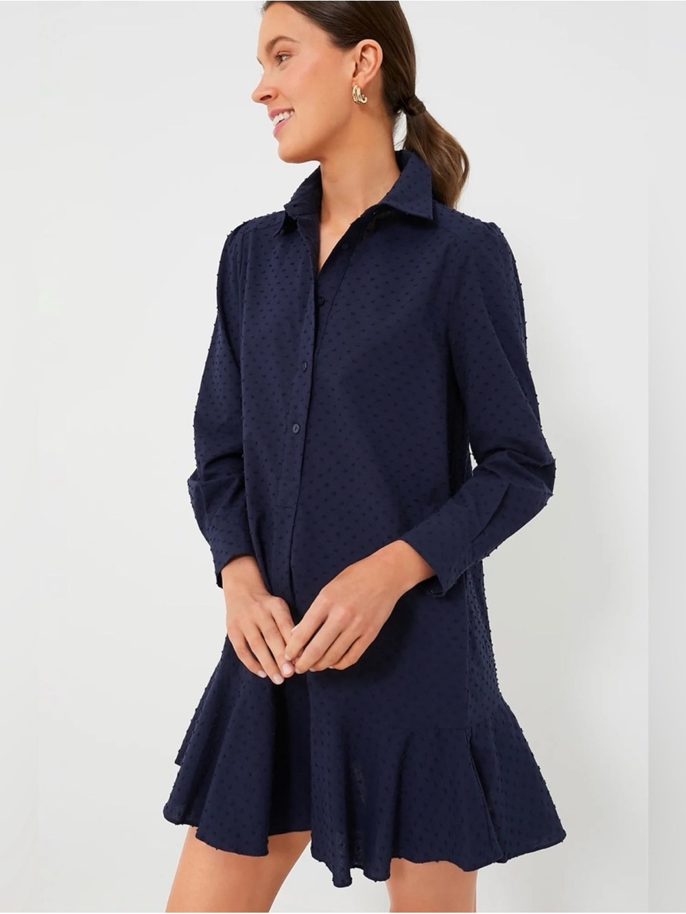 Tuckernuck Callahan Navy Swiss Dot Shirt Dress